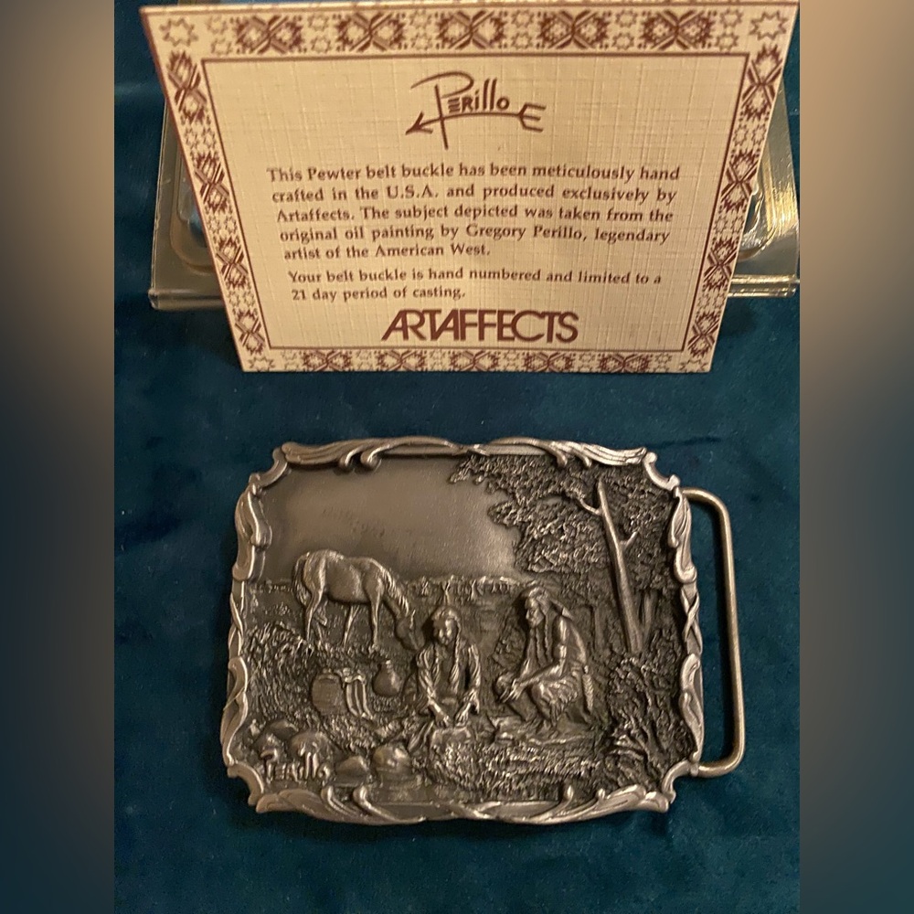 Vintage Gregory Perillo Artaffects Pewter Belt Buckle Native American Scene NOS